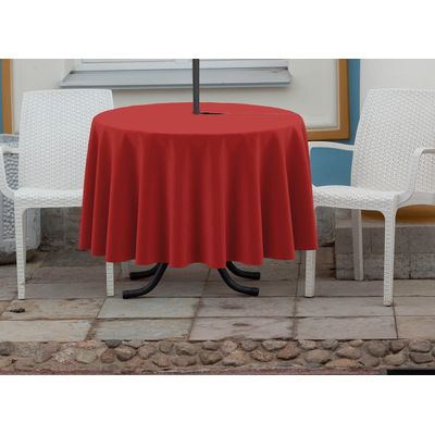 Toalha de Mesa Redonda 147cm Int./Ext. com Abertura para Guarda-Sol Impermeável para Pátio/Quintal/Churrasco Primavera/Verão - Vargottam 147,32 Cm × 147,32 Cm – Com Furo Para Guarda-Sol / Vermelho