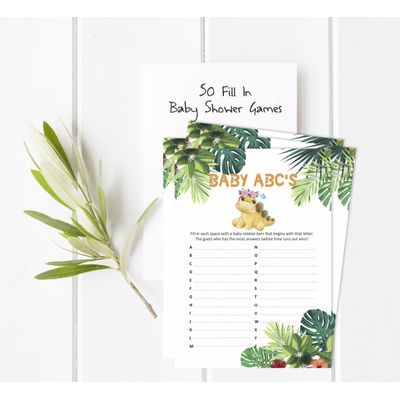 Pacote com 50, Coleção Chá de Bebê Menina, Jogo ABC, Jogos Divertidos, Atividades, Decorações, Itens Tema Dinossauro - Inkdotpot 12,7 Cm × 17,78 Cm / Branco