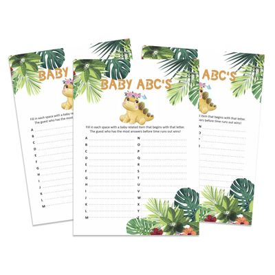 Pacote com 50, Coleção Chá de Bebê Menina, Jogo ABC, Jogos Divertidos, Atividades, Decorações, Itens Tema Dinossauro - Inkdotpot 12,7 Cm × 17,78 Cm / Branco