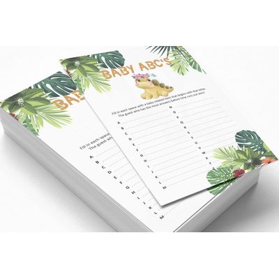 Pacote com 50, Coleção Chá de Bebê Menina, Jogo ABC, Jogos Divertidos, Atividades, Decorações, Itens Tema Dinossauro - Inkdotpot 12,7 Cm × 17,78 Cm / Branco