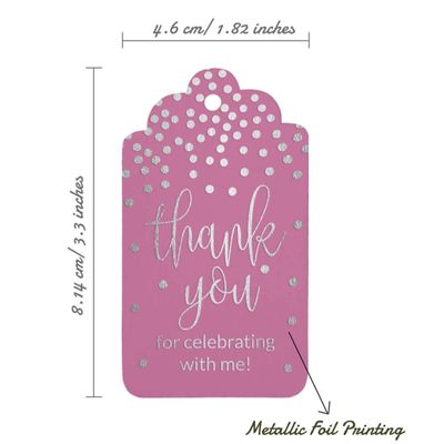 Obrigado por Celebrar Comigo - Etiquetas de Papel para Lembrancinhas de Aniversário com Foil Artesanal - Inkdotpot 100 Etiquetas Metalizadas / Rosa - Prata
