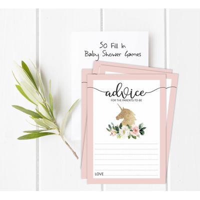 Cartões de Dicas para Chá de Bebê, Jogos e Atividades Divertidas, Tema Unicórnio Menina, para Nova Mamãe e Papai, Pacote com 50 - Inkdotpot 12,7 Cm × 17,78 Cm / Branco