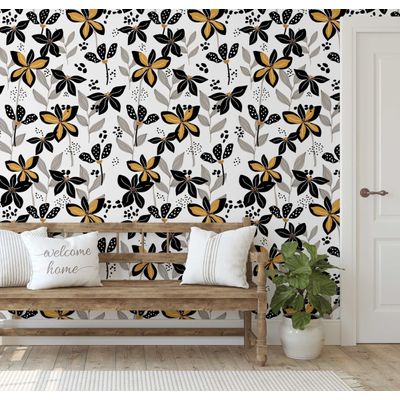 Revestimento de Parede Autoadesivo Removível Pétalas Douradas Preto para Quarto, Banheiro, Lavanderia e Closet - S4Sassy 63,5 cm (L) × 304,8 cm (C) / Preto - Vinil Liso