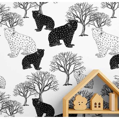 Papel de Parede Urso e Árvore Branco, Vinil Autoadesivo, Revestimento de Parede Fácil DIY para Quarto Infantil e Sala de Brincar - S4Sassy 63,5 cm (L) × 152,4 cm (C) / Branco - Vinil Texturizado