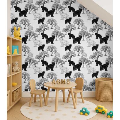 Papel de Parede Urso e Árvore Branco, Vinil Autoadesivo, Revestimento de Parede Fácil DIY para Quarto Infantil e Sala de Brincar - S4Sassy 63,5 cm (L) × 152,4 cm (C) / Branco - Vinil Texturizado
