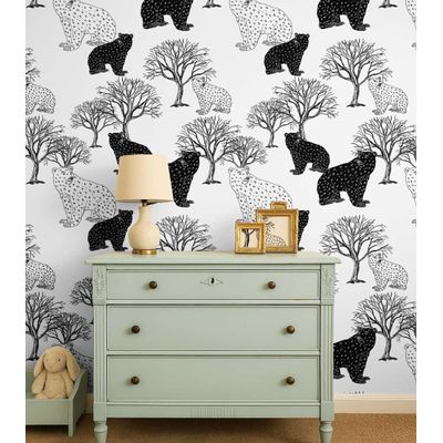 Papel de Parede Urso e Árvore Branco, Vinil Autoadesivo, Revestimento de Parede Fácil DIY para Quarto Infantil e Sala de Brincar - S4Sassy 63,5 cm (L) × 152,4 cm (C) / Branco - Vinil Texturizado