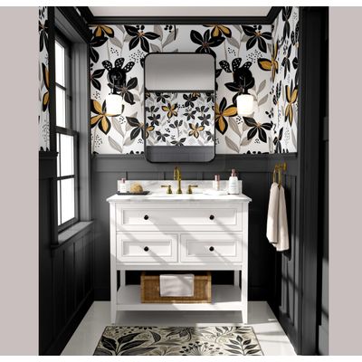 Revestimento de Parede Autoadesivo Removível Pétalas Douradas Preto para Quarto, Banheiro, Lavanderia e Closet - S4Sassy 63,5 cm (L) × 914,4 cm (C) / Preto - Vinil Texturizado