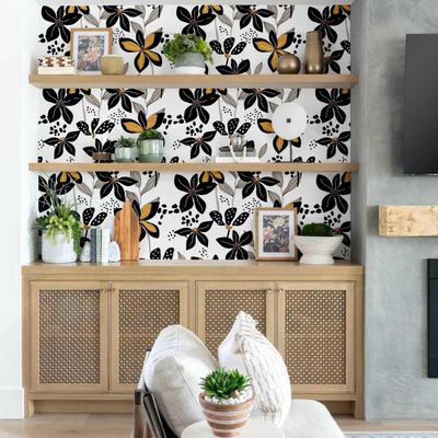 Revestimento de Parede Autoadesivo Removível Pétalas Douradas Preto para Quarto, Banheiro, Lavanderia e Closet - S4Sassy 63,5 cm (L) × 914,4 cm (C) / Preto - Vinil Texturizado