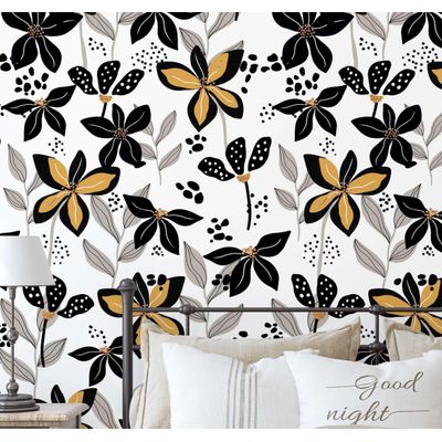 Revestimento de Parede Autoadesivo Removível Pétalas Douradas Preto para Quarto, Banheiro, Lavanderia e Closet - S4Sassy 63,5 cm (L) × 914,4 cm (C) / Preto - Vinil Texturizado