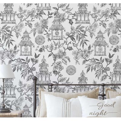Papel de Parede Jardim do Templo Estilo Asiático Autoadesivo Decoração DIY Fácil para Quarto e Sala Cinza - S4Sassy 63,5 cm (L) × 152,4 cm (C) / Cinza - Vinil Texturizado