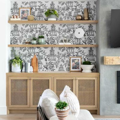 Papel de Parede Jardim do Templo Estilo Asiático Autoadesivo Decoração DIY Fácil para Quarto e Sala Cinza - S4Sassy 63,5 cm (L) × 152,4 cm (C) / Cinza - Vinil Texturizado