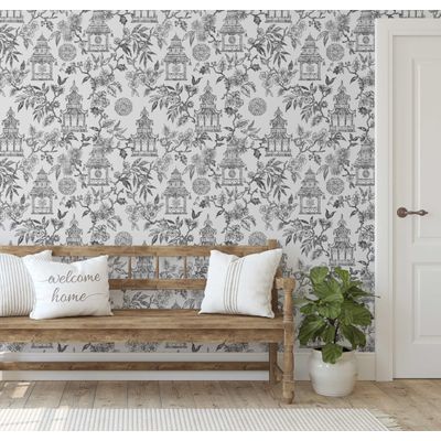 Papel de Parede Jardim do Templo Estilo Asiático Autoadesivo Decoração DIY Fácil para Quarto e Sala Cinza - S4Sassy 63,5 cm (L) × 152,4 cm (C) / Cinza - Vinil Texturizado