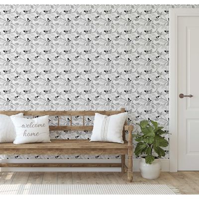 Papel de Parede Pássaro Azul e Galho para Paredes Cinza, Vinil Autoadesivo, Fácil DIY para Quarto Infantil e Brinquedoteca - S4Sassy 63,5 cm (L) × 914,4 cm (C) / Cinza - Vinil Texturizado