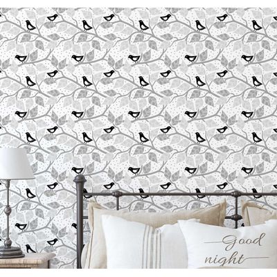 Papel de Parede Pássaro Azul e Galho para Paredes Cinza, Vinil Autoadesivo, Fácil DIY para Quarto Infantil e Brinquedoteca - S4Sassy 63,5 cm (L) × 914,4 cm (C) / Cinza - Vinil Texturizado