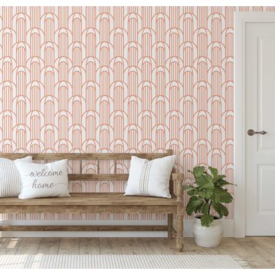 Revestimento de Parede Autoadesivo Vinílico Removível, Estampa Arco Geométrico Laranja para Quarto, Banheiro e Closet - S4Sassy 63,5 cm (L) × 304,8 cm (C) / Laranja - Vinil Texturizado