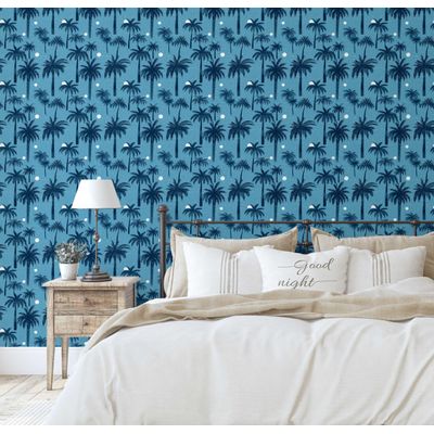 Papel de Parede Tropical Azul Paraíso de Palmeiras Vinil Autoadesivo Envoltório Decorativo DIY Fácil para Quarto, Sala e Ambientes - S4Sassy 63,5 cm (L) × 914,4 cm (C) / Azul - Vinil Texturizado