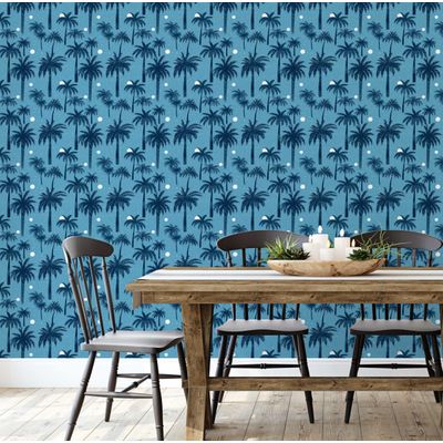 Papel de Parede Tropical Azul Paraíso de Palmeiras Vinil Autoadesivo Envoltório Decorativo DIY Fácil para Quarto, Sala e Ambientes - S4Sassy 63,5 cm (L) × 914,4 cm (C) / Azul - Vinil Texturizado