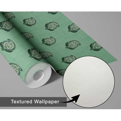 Papel de Parede Vinílico Liso Autoadesivo Estampa Paisley em Bloco, Estilo Asiático, Aplicação Fácil Para Quarto e Sala - Verde - S4Sassy 63,5 cm (L) × 152,4 cm (C) / Verde - Vinil Texturizado