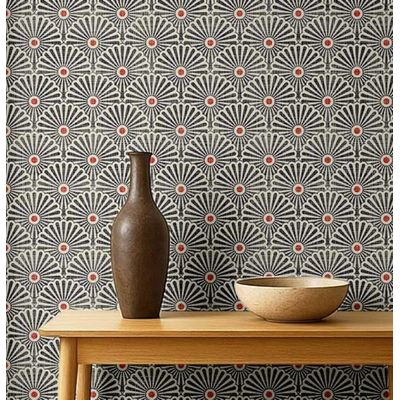Papel de Parede Autoadesivo Removível em Vinil Padrão Floral Art Déco em Leque, Cinza — Mural para Quarto, Banheiro e Lavanderia - S4Sassy 63,5 cm (L) × 609,6 cm (C) / Cinza - Vinil Texturizado