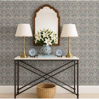 Papel de Parede Autoadesivo Removível em Vinil Padrão Floral Art Déco em Leque, Cinza — Mural para Quarto, Banheiro e Lavanderia - S4Sassy 63,5 cm (L) × 609,6 cm (C) / Cinza - Vinil Texturizado