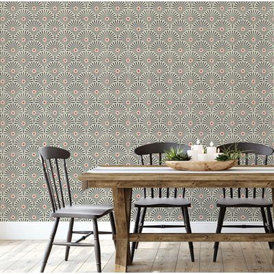 Papel de Parede Autoadesivo Removível em Vinil Padrão Floral Art Déco em Leque, Cinza — Mural para Quarto, Banheiro e Lavanderia - S4Sassy 63,5 cm (L) × 609,6 cm (C) / Cinza - Vinil Texturizado