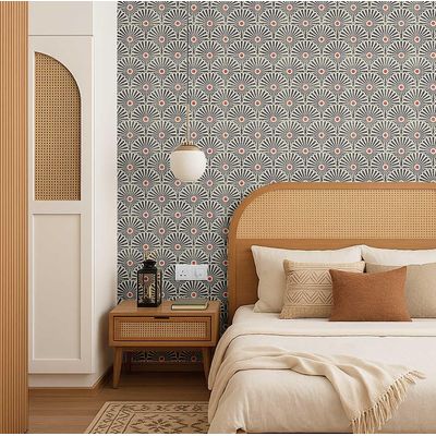 Papel de Parede Autoadesivo Removível em Vinil Padrão Floral Art Déco em Leque, Cinza — Mural para Quarto, Banheiro e Lavanderia - S4Sassy 63,5 cm (L) × 609,6 cm (C) / Cinza - Vinil Texturizado