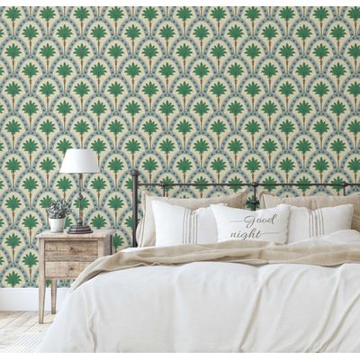 Papel de Parede Estampado Arco de Palmeiras - Bege, Vinil Autoadesivo, Revestimento Decorativo, Aplicação Fácil para Quarto e Sala - S4Sassy 63,5 cm (L) × 304,8 cm (C) / Bege - Vinil Texturizado