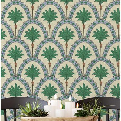 Papel de Parede Estampado Arco de Palmeiras - Bege, Vinil Autoadesivo, Revestimento Decorativo, Aplicação Fácil para Quarto e Sala - S4Sassy 63,5 cm (L) × 304,8 cm (C) / Bege - Vinil Texturizado