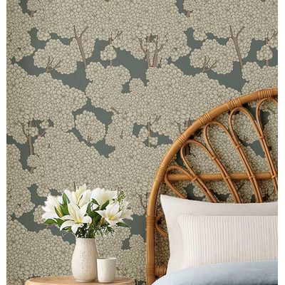 Estampa Floral de Copa de Árvore, Mural Asiático, Papel de Parede Vinílico Autoadesivo Bege para Banheiro, Lavanderia e Closet - S4Sassy 63,5 cm (L) × 609,6 cm (C) / Bege - Vinil Texturizado
