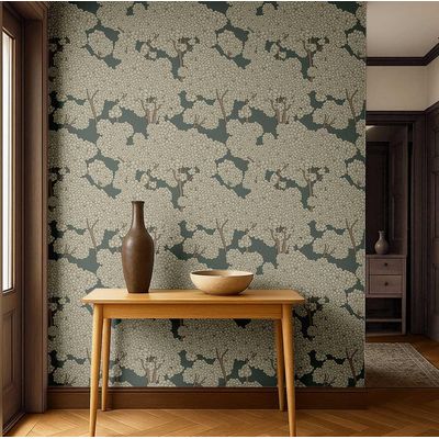 Estampa Floral de Copa de Árvore, Mural Asiático, Papel de Parede Vinílico Autoadesivo Bege para Banheiro, Lavanderia e Closet - S4Sassy 63,5 cm (L) × 609,6 cm (C) / Bege - Vinil Texturizado