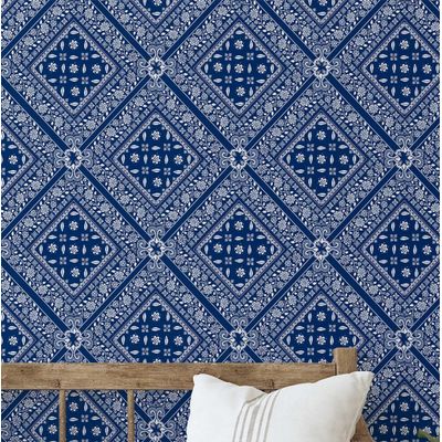 Papel de Parede Bandhani Azulejo - Estilo Asiático, Autoadesivo, Decorativo, Decoração DIY para Quarto, Sala e Ambientes - Azul - S4Sassy 63,5 cm (L) × 609,6 cm (C) / Azul - Vinil Liso