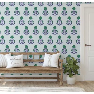 Papel de Parede Vinílico Autoadesivo Verde, Estampa de Botões Florais, Mural Estilo Asiático para Banheiro, Lavanderia e Closet - S4Sassy 63,5 cm (L) × 152,4 cm (C) / Verde - Vinil Liso
