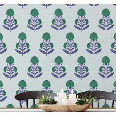 Papel de Parede Vinílico Autoadesivo Verde, Estampa de Botões Florais, Mural Estilo Asiático para Banheiro, Lavanderia e Closet - S4Sassy 63,5 cm (L) × 152,4 cm (C) / Verde - Vinil Liso