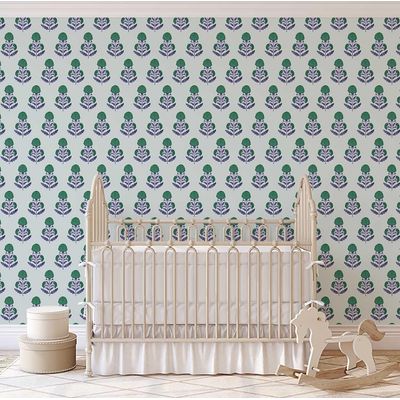 Papel de Parede Vinílico Autoadesivo Verde, Estampa de Botões Florais, Mural Estilo Asiático para Banheiro, Lavanderia e Closet - S4Sassy 63,5 cm (L) × 152,4 cm (C) / Verde - Vinil Liso