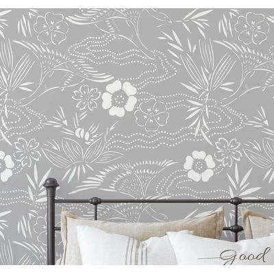 Papel de Parede Botânico Branco, Estilo Asiático, Vinil Autoadesivo, Fácil DIY para Quarto e Sala - Cinza - S4Sassy 63,5 cm (L) × 304,8 cm (C) / Cinza - Vinil Liso