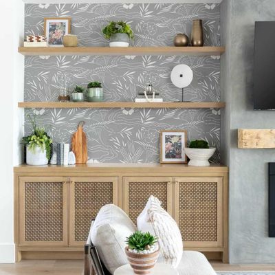 Papel de Parede Botânico Branco, Estilo Asiático, Vinil Autoadesivo, Fácil DIY para Quarto e Sala - Cinza - S4Sassy 63,5 cm (L) × 914,4 cm (C) / Cinza - Vinil Texturizado