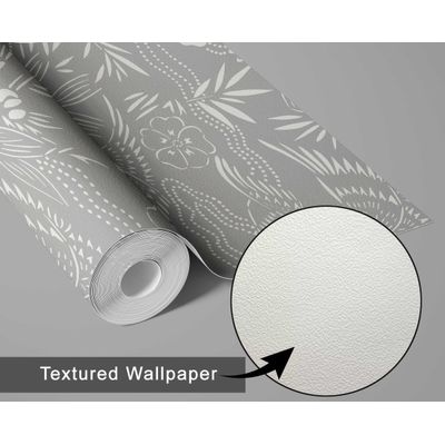 Papel de Parede Botânico Branco, Estilo Asiático, Vinil Autoadesivo, Fácil DIY para Quarto e Sala - Cinza - S4Sassy 63,5 cm (L) × 914,4 cm (C) / Cinza - Vinil Texturizado