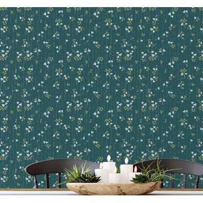 Papel de Parede Autoadesivo Removível Floral Petite Midnight, Mural Instantâneo Verde para Quarto, Banheiro, Lavanderia, Closet - S4Sassy 63,5 cm (L) × 304,8 cm (C) / Verde - Vinil Texturizado