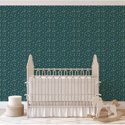 Papel de Parede Autoadesivo Removível Floral Petite Midnight, Mural Instantâneo Verde para Quarto, Banheiro, Lavanderia, Closet - S4Sassy 63,5 cm (L) × 304,8 cm (C) / Verde - Vinil Texturizado