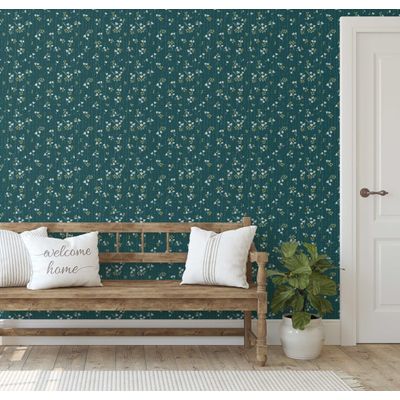 Papel de Parede Autoadesivo Removível Floral Petite Midnight, Mural Instantâneo Verde para Quarto, Banheiro, Lavanderia, Closet - S4Sassy 63,5 cm (L) × 304,8 cm (C) / Verde - Vinil Texturizado
