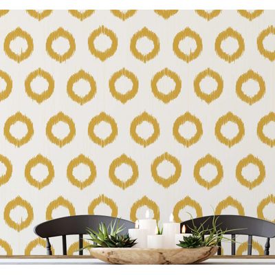 Papel de Parede Vinílico Autoadesivo Ikat Circular Urbano Impermeável - Amarelo, Removível para Quarto, Sala e Ambientes Alugados - S4Sassy 63,5 cm (L) × 304,8 cm (C) / Amarelo - Vinil Texturizado