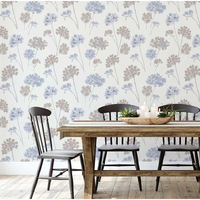 Papel de Parede Autoadesivo Instantâneo Vinil Removível Floral Pastel Mural Moderno Azul para Quarto, Banheiro, Lavanderia, Closet - S4Sassy 63,5 cm (L) × 152,4 cm (C) / Azul - Vinil Texturizado