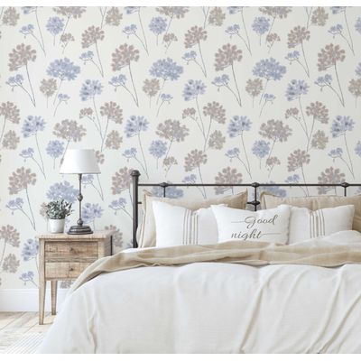 Papel de Parede Autoadesivo Instantâneo Vinil Removível Floral Pastel Mural Moderno Azul para Quarto, Banheiro, Lavanderia, Closet - S4Sassy 63,5 cm (L) × 152,4 cm (C) / Azul - Vinil Texturizado