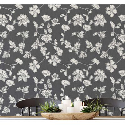 Papel de Parede Autoadesivo e Removível Floral Estilo Esboço, Mural Instantâneo Cinza para Quarto, Banheiro, Lavanderia e Closet - S4Sassy 63,5 cm (L) × 304,8 cm (C) / Cinza - Vinil Liso