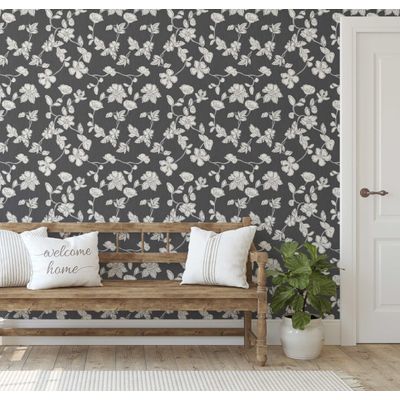 Papel de Parede Autoadesivo e Removível Floral Estilo Esboço, Mural Instantâneo Cinza para Quarto, Banheiro, Lavanderia e Closet - S4Sassy 63,5 cm (L) × 304,8 cm (C) / Cinza - Vinil Liso