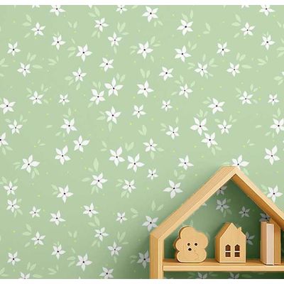 Papel de Parede Floral Verde Autoadesivo em Vinil, Fácil Aplicação para Quarto Infantil e Sala de Brincar - S4Sassy 63,5 cm (L) × 304,8 cm (C) / Verde - Vinil Liso