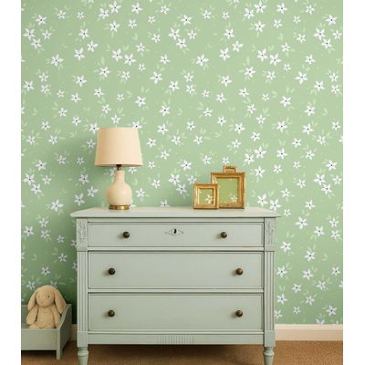 Papel de Parede Floral Verde Autoadesivo em Vinil, Fácil Aplicação para Quarto Infantil e Sala de Brincar - S4Sassy 63,5 cm (L) × 304,8 cm (C) / Verde - Vinil Liso