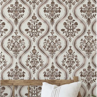 Papel de Parede Floral com Motivos Reais Estilo Asiático Vinil Autoadesivo Revestimento Fácil DIY Quarto Sala - Marrom - S4Sassy 63,5 cm (L) × 609,6 cm (C) / Marrom - Vinil Liso
