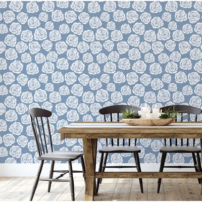 Papel de Parede Vinil Autoadesivo Estampa de Rosas Rabiscadas Chic Urbano Azul Impermeável Removível para Quartos e Sala, Aluguel - S4Sassy 63,5 cm (L) × 609,6 cm (C) / Azul - Vinil Liso