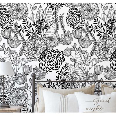 Papel de Parede Autoadesivo Removível Jardim Floral Preto, Mural Instantâneo para Quarto, Banheiro, Lavanderia e Closet - S4Sassy 63,5 cm (L) × 914,4 cm (C) / Preto - Vinil Texturizado